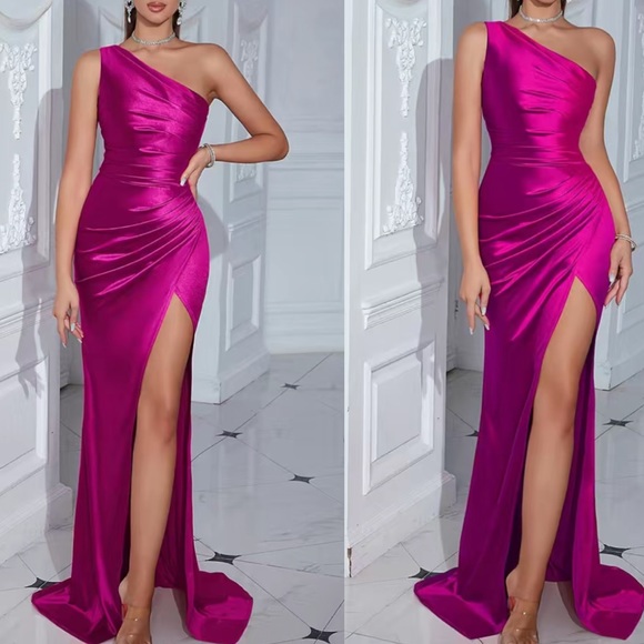 One Shoulder Blue Fitted Party Dress with Slit